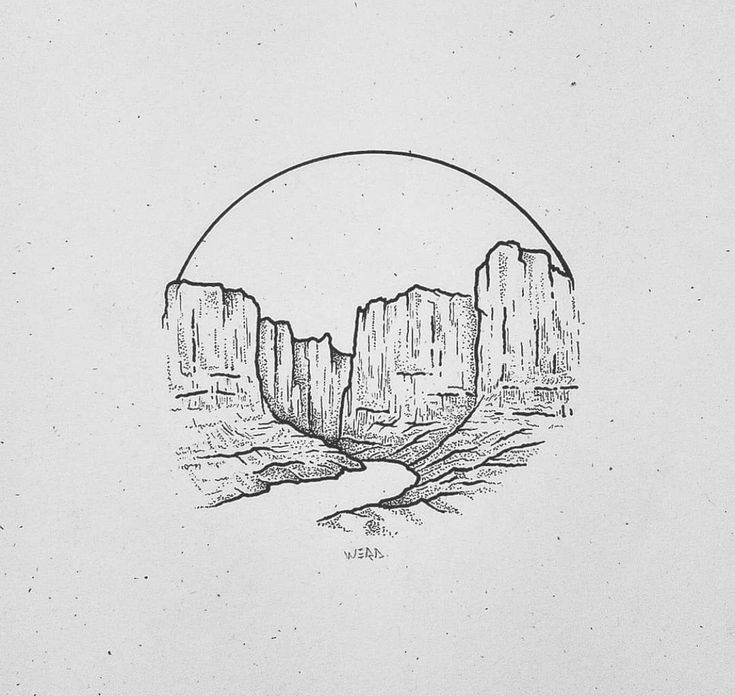 a black and white drawing of mountains with a circle in the middle that says,