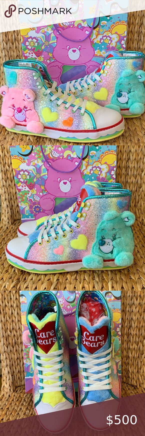 NIB Care Bears x Irregular Choice Sneakers NIB ✨🌈💕 Care Bears collection x Irregular Choice ✨Hightop Sneakers Trainers. 💯% Authentic licensed product.💗Cheer bear on the right and 💙Wish bear on the left with rainbows, hearts, faux fur and glitter all over! There is a bit of turquoise metallic trim around the edges and up the back of the shoe. Care Bear heart logo at the tongue and logo also at the back of the heel. Sold out super fast and were a limited edition collection💗 Add these to your Playful Multicolor Spring Sneakers, Cute Multicolor Low-top Sneakers, Cute Green Sneakers For Spring, Cute Multicolor High-top Sneakers, Playful High-top Sneakers For Spring, Funky Multicolor High-top Sneakers, Multicolor Lace-up High-top Sneakers For Spring, Trendy Multicolor High-top Sneakers For Summer, Rainbow High-top Sneakers For Spring