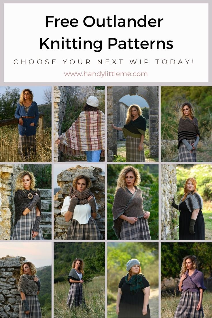 a collage of photos with the text free outlander knitting patterns choose your next wip today