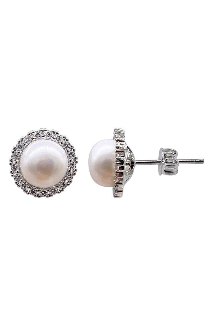 Freshwater pearls and glistening Swarovski crystals add a shimmering effect to a pair of stud earrings for a timeless, elegant appearance. 12mm length 9mm pearl Post back White rhodium plate or 14k-gold plate/Swarovski crystal/freshwater pearl
 Made in the USA Classic Pearl White Cubic Zirconia Bridal Earrings, Formal Pearl Earrings With Sparkling Cubic Zirconia, Formal Cubic Zirconia Pearl Earrings With Sparkling Stones, Formal Pearl Earrings With Cubic Zirconia, Sparkling White Pearl Earrings For Formal Occasions, Sparkling Pearl Earrings For Gift, White Crystal Pearl Earrings For Formal Occasions, Formal White Crystal Pearl Earrings, Diamond White Crystal Pearl Earrings