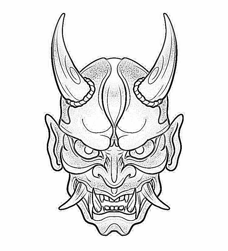 a demon mask with horns and fangs on it's face, drawn in black ink