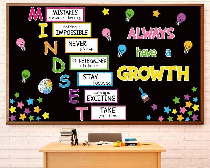 a bulletin board with words written on it in front of a white brick wall and wooden desk