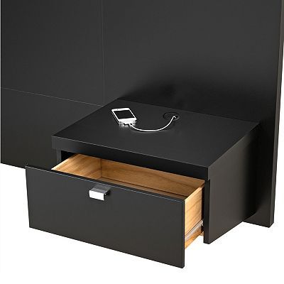 a black cabinet with two drawers and a phone on it