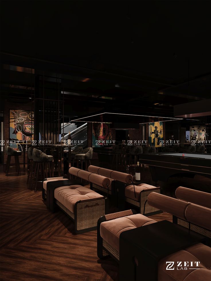 a dimly lit bar with brown couches and stools in front of the bar