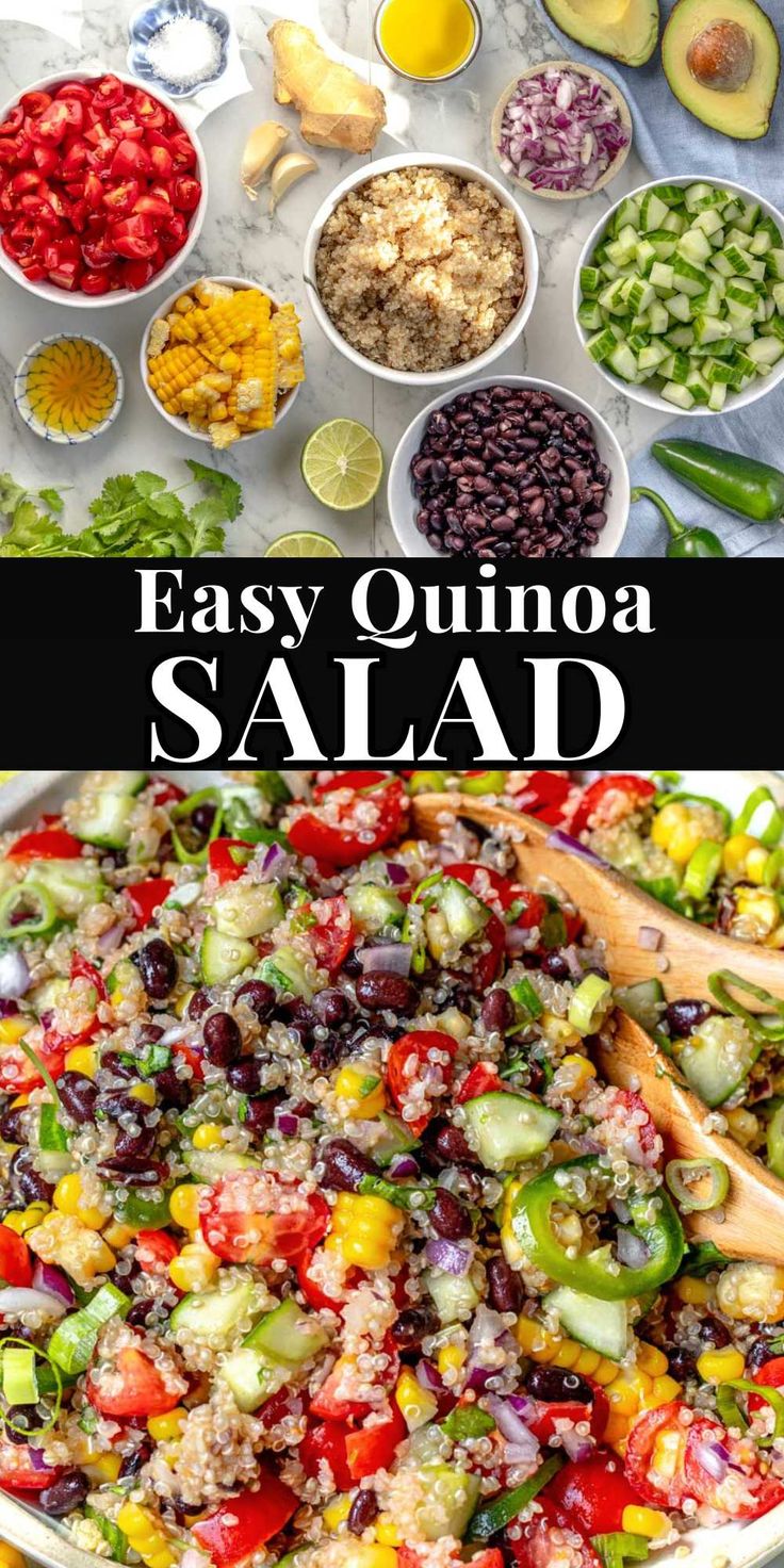 an easy quinoa salad is shown in bowls