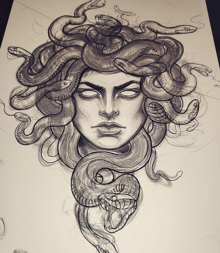 a drawing of a woman with snakes on her head