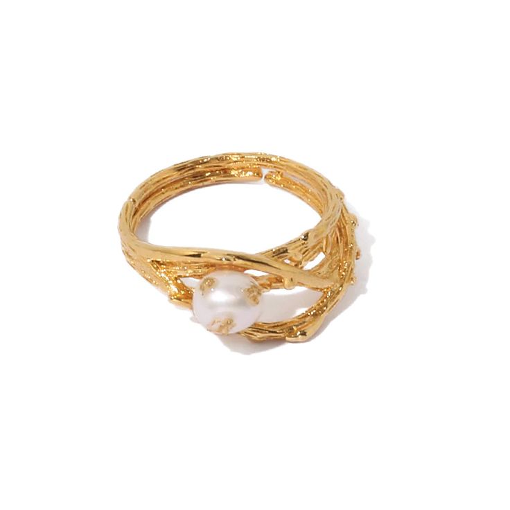 BHelmi Carol Looping Ring Delicate Gold Ring With Pearl Charm, Delicate Gold Rings With Pearl Charm, Elegant Gold Open Pearl Ring, Gold Pearl Charm Open Ring, Gold Pearl Ring With Charm For Gift, Gold Plated Open Pearl Ring For Wedding, Delicate Gold Pearl Open Ring, Elegant Gold Pearl Ring With Charm, Gold Baroque Pearl Ring