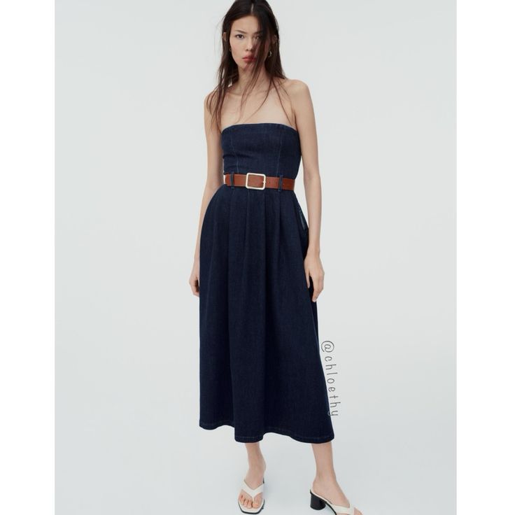 New With Tag Brand Zara New In 2024 Dress With Straight Neck. Fitted Waist With Darts And Belt. A-Line Silhouette. Color Blue | 6164/072 Outer Shell 99% Cotton 1% Elastane - Which Has At Least: Outer Shell 20% Rcs-Certified Recycled Cotton Price Is Firm Zara Denim Dress, Denim Midi Dress, Zara New, Zara Dresses, Recycled Cotton, Denim Dress, Colorful Dresses, Color Blue, A Line