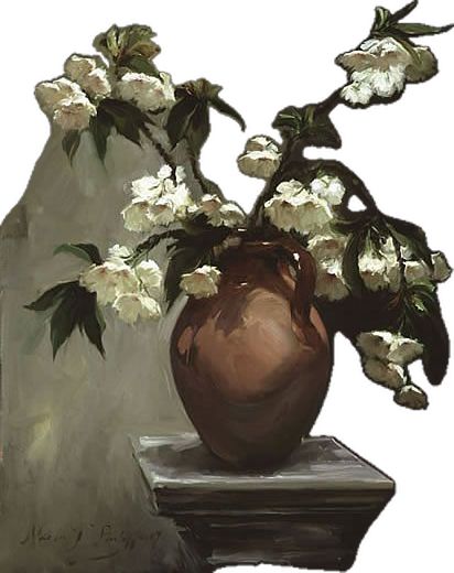 a painting of white flowers in a brown vase