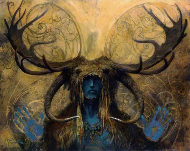 a painting of a woman with horns on her head and hands in front of her face