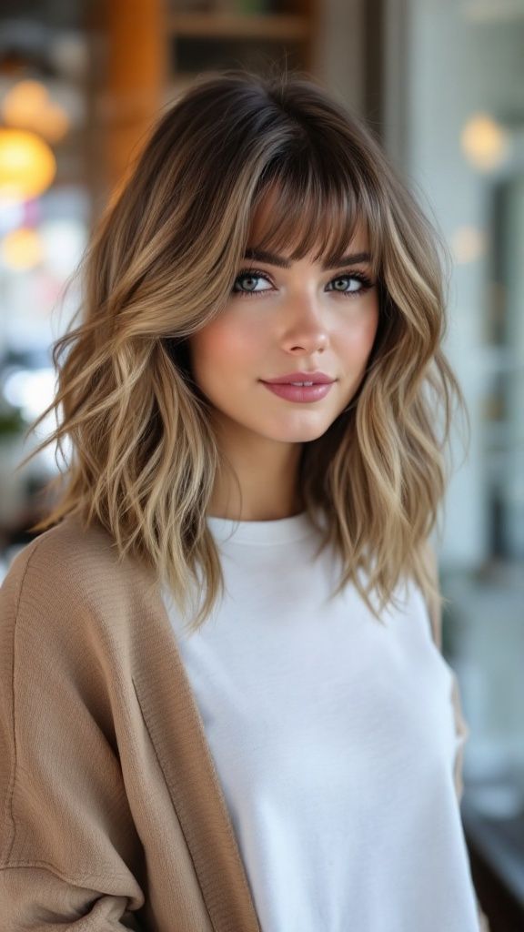 side swept bangs with mid length waves Bangs Hairstyles Short Mid Length, Haircuts For Medium Length Hair With Bangs, Mid Length Hair With Bangs Straight, Collar Bone Haircut With Curtain Bangs, Mid Length Blonde Hair With Bangs, Shoulder Length Hair Side Bangs, Blonde Mid Length Hair With Bangs, Medium Length Layers With Bangs, Mid Length Hair With Layers Side Part