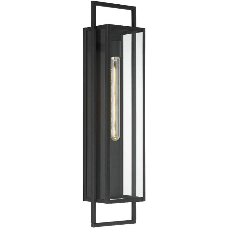 an outdoor wall light that is black and has a glass panel on the outside side