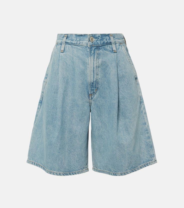 Ellis mid-rise denim Bermuda shorts in blue - Agolde | Mytheresa High-waisted Denim Bermuda Shorts With Pockets, Denim Knee-length Shorts With Belt Loops, Light Wash Shorts With Five Pockets, Classic Five Pockets Short Length Shorts, Classic Shorts With Five Pockets, Classic Denim Shorts With Five Pockets, Classic Jean Shorts With Five Pockets, Classic Five Pocket Jean Shorts, High Rise Cotton Shorts With Five Pockets