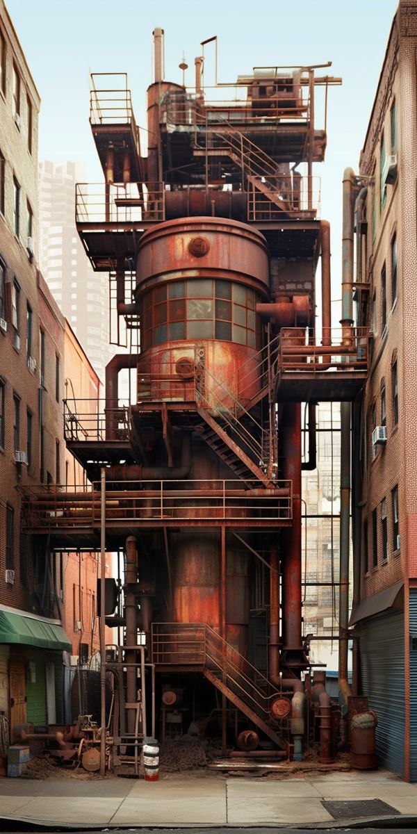 an old factory building with lots of rust on it's sides and stairs leading up to the second floor