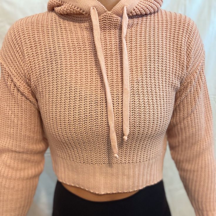 Boohoo Cropped Crochet Pink Hoodie Size M Baby Pink Super Comfy And Cute Never Worn Winter Cropped Sweater With Drawstring Hood, Fall Casual Cropped Hooded Sweater, Casual Hooded Cropped Sweater For Fall, Fitted Knit Hoodie, Cozy Knitted Hooded Tops, Casual Pink Cropped Soft Knit Sweater, Trendy Hooded Cropped Sweater For Fall, Trendy Stretch Sweater With Drawstring Hood, Trendy Knitted Long Sleeve Hoodie