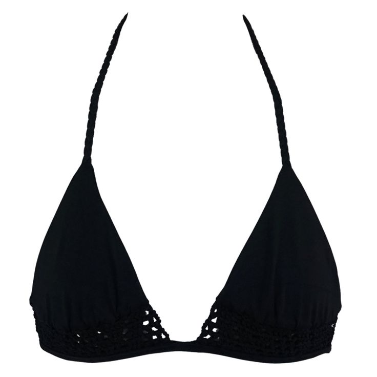 Triangle Top From Frankie's Bikinis Featuring Crochet Detail And Ties At The Neck And Back. Black Triangle Top Swimwear For Pool, Black Triangle Top Swimwear With Padded Cups, Black Triangle Top Swimwear For Beach, Black Triangle Top Swimwear For Vacation, Black Seamless Halter Neck Swimwear, Black Triangle Top Halter For Sunbathing, Black Triangle Halter Top For Sunbathing, Black Summer Festival Swimwear, Black Halter Neck Swimwear With Padded Cups