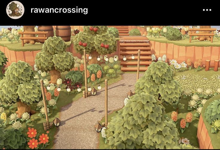 an animated view of a park with trees and flowers