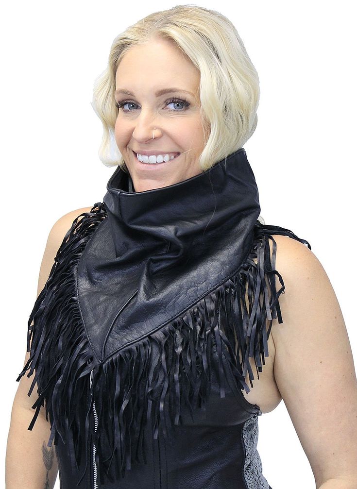 A leather scarf with 6" leather fringe along the front edge for a touch of the wild west for when your ride. This black leather fringe scarf will keep your chin and cheeks warm during your ride as a great motorcycle leather bandanna. This will certainly be a handy motorcycle accessory for any serious rider. Adjustable Velcro back for best fit and comfort. One size. [1#] Velcro closure fleece lined scarf 6" leather fringe along edge extra soft lining top grain leather soft cowhide leather Jamin L Leather Scarf, Scarf With Fringe, The Wild West, Leather Travel Bag, Motorcycle Leather, Leather Hats, Fringe Scarf, Leather Shirt, Leather Collar