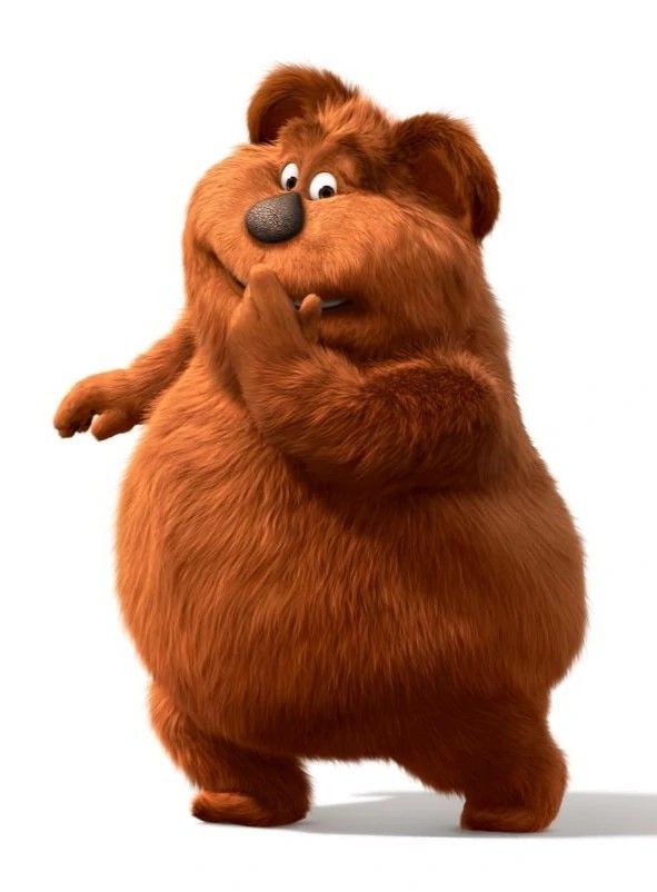 a cartoon bear is standing on one leg and holding his hand up in the air