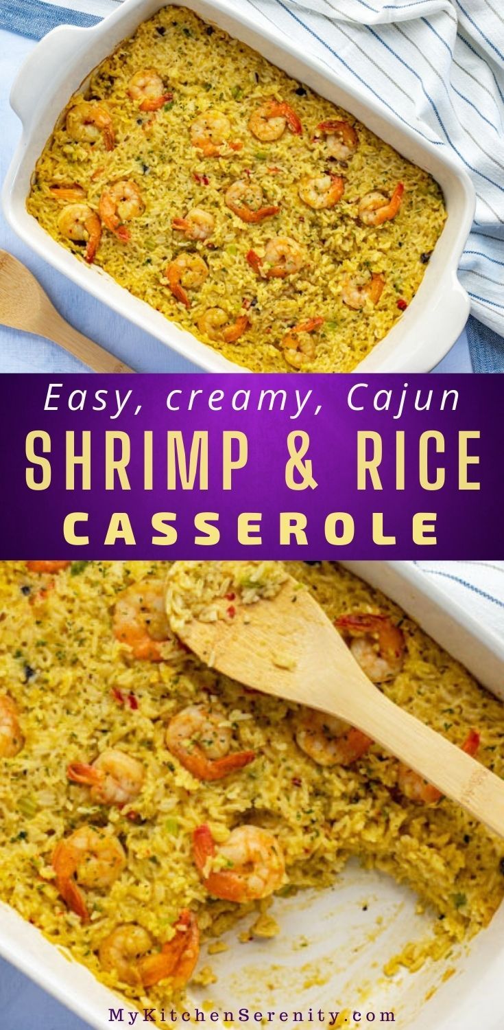 shrimp and rice casserole in a white dish with a wooden spoon on the side