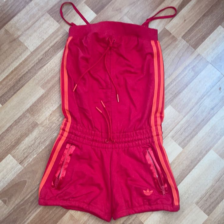 Adidas Originals Rare And Never Worn Red Jumper Spaghetti Straps Orange Stripes Pockets With Zipper Logo Sz.Xs Nwot Red Cotton Loungewear Jumpsuits And Rompers, Red Cotton Jumpsuits And Rompers For Loungewear, Red Cotton Jumpsuit And Romper For Loungewear, Sporty Jumpsuits And Rompers With Pockets, Red Jumper, Red Shorts, Wearing Red, Orange Red, Adidas Women