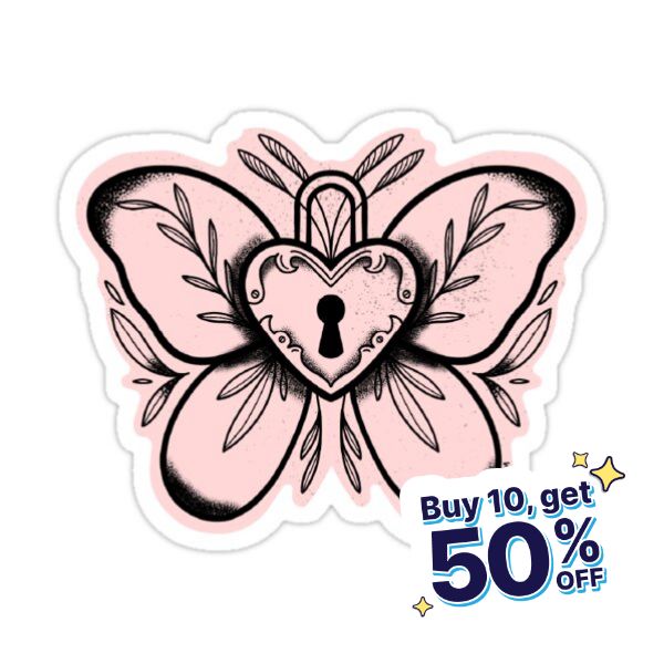 a pink sticker with a heart shaped lock on it and the words buy 10 get 50 % off