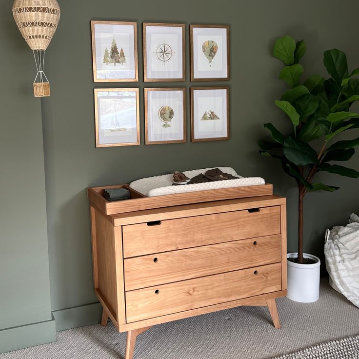 a baby crib in the corner of a room next to a potted plant