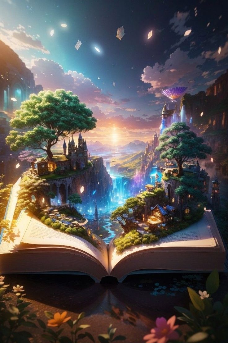 an open book sitting on top of a table next to flowers and trees in the sky