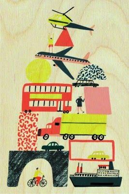 an image of a painting on wood with cars and buses