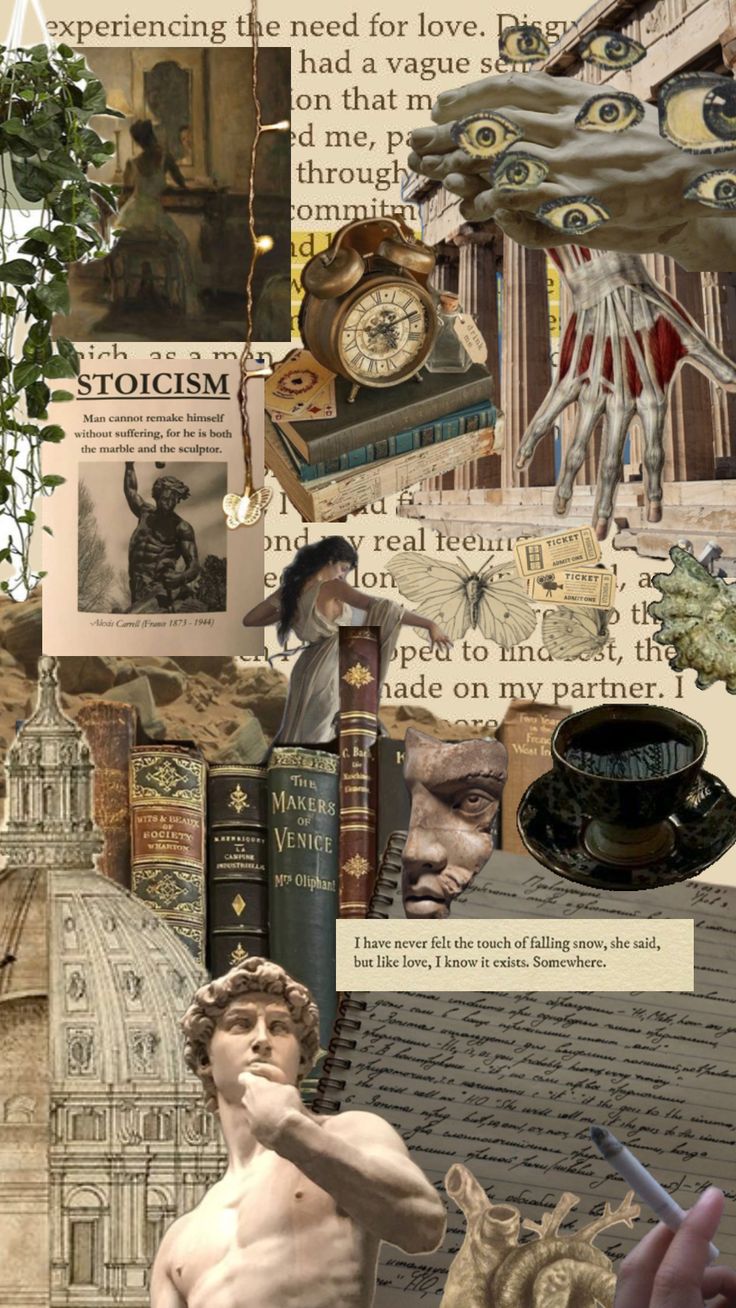 a collage of pictures with books, statues and other things on it's surface