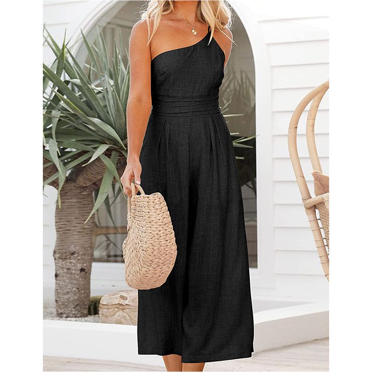 Black One-shoulder Pocketed Wide Leg Jumpsuit One Shoulder Jumpsuit For Summer, Casual One-shoulder Jumpsuits And Rompers For Vacation, Casual Strapless Jumpsuit For Spring Evenings, Casual Strapless Jumpsuit For Evening In Spring, Chic Off-shoulder Jumpsuits And Rompers For Summer, Casual One-shoulder Jumpsuits And Rompers For Beach, Casual One-shoulder Jumpsuit For Beach, Chic Off-shoulder Beach Jumpsuits And Rompers, Chic Off-shoulder Jumpsuits And Rompers For Beach