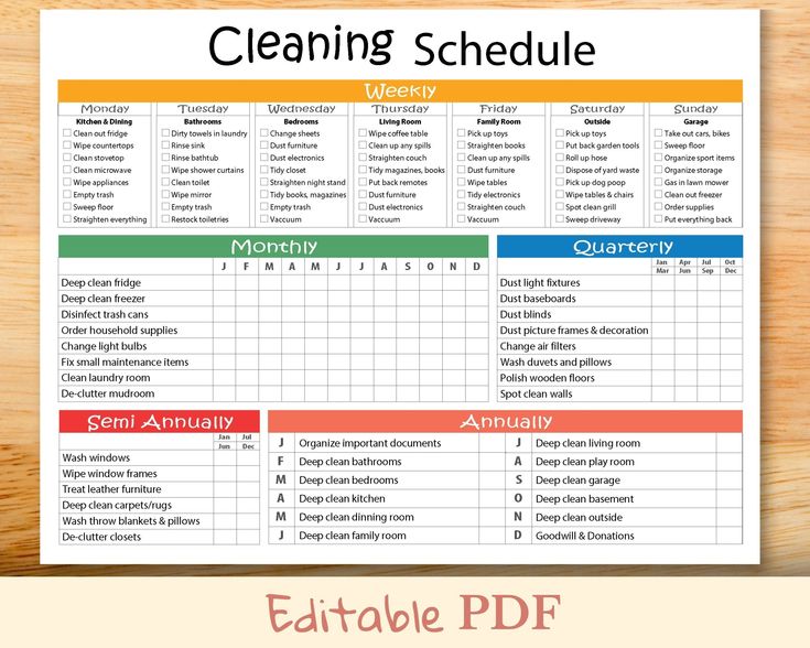 a cleaning schedule is shown on a wooden table