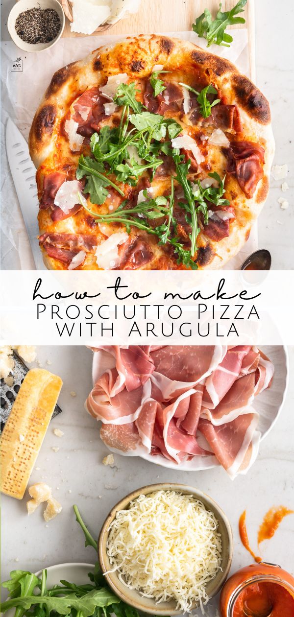 the ingredients to make prosciutto pizza with arugula and parmesan cheese