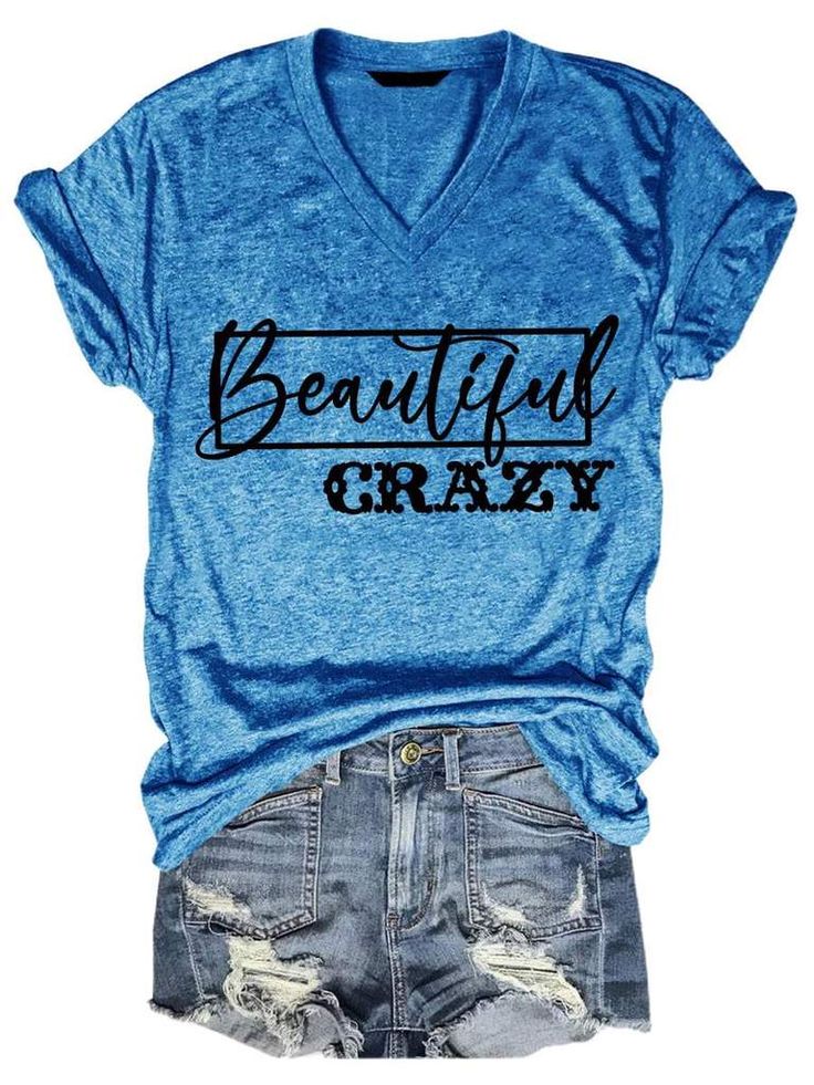 Beautiful Crazy Country Western Style V-neck Tee V-neck Letter Print T-shirt For Fall, Fall Letter Print V-neck T-shirt, Fall V-neck T-shirt With Letter Print, Fall V-neck Graphic Tee T-shirt, Not Perfect Just Forgiven, Beautiful Crazy, Loose Tees, Blue White And Black, Country Western