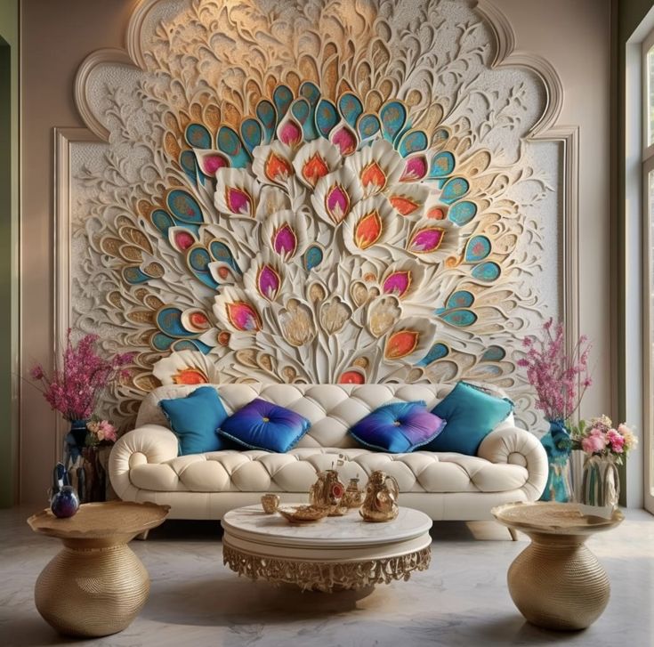 a fancy living room with peacock feathers on the wall