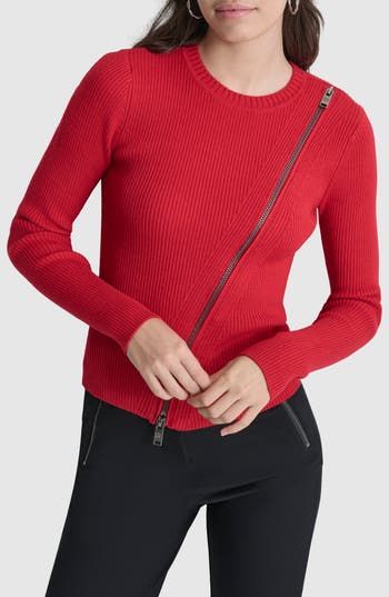 An asymmetric zipper adds the perfect touch of modern style to a ribbed sweater that's a can't-miss casual option for any day of the week. Crewneck Long sleeves 52% viscose, 28% polyester, 20% nylon Machine wash, dry flat Imported Fitted Tops With Asymmetrical Zip For Winter, Fitted Top With Asymmetrical Zip For Winter, Chic Asymmetrical Zip Winter Tops, Chic Winter Top With Asymmetrical Zip, Chic Winter Tops With Asymmetrical Zip, Fall Tops With Asymmetrical Zipper Closure, Versatile Fall Top With Zipper Closure, Versatile Fall Tops With Zipper Closure, Detailed Sweater