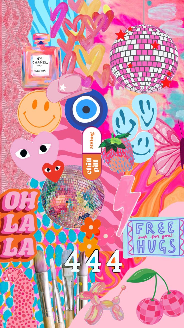 a collage of pink and blue art work with lots of different things on it