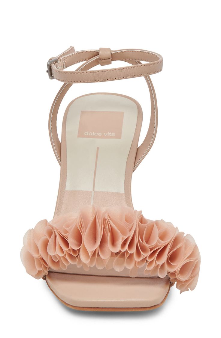 Voluminous ruffles add modern elegance to the vamp of a soirée-ready sandal framed by a squared-off toe and flared block heel. 3 1/4" heel (size 8.5) 3" strap height Adjustable ankle strap with buckle closure Leather and textile upper/synthetic lining and sole Imported High Heel Sandals For Wedding Guests In Spring, Spring High Heel Sandals For Wedding Guest, Spring Wedding Guest High Heel Sandals, High Heel Sandals For Summer Wedding Guests, Summer Sandals With Padded Heel For Wedding Guest, Summer Wedding Guest Sandals With Block Heel, Summer Wedding Guest High Heel Sandals, Summer Sandals With Heel Strap For Wedding Guests, Summer Open Heel Sandals For Wedding Guest