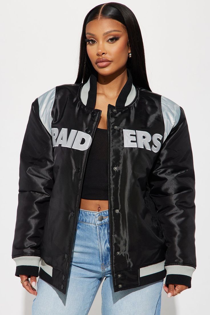 Available In Black. Bomber Jacket Long Sleeve Athletic Trim Front Button Closure Pockets Raiders Graphic Front And Back screen Due To The Printing Process A Difference In Saturation May Occur. Each Garment Is Unique. Shell: 100% Polyester Lining: 100% Polyester Filling: 100% Polyester Imported | Raiders House Bomber Jacket in Black size Small by Fashion Nova Racing Jacket, Sweater Jumpsuit, Patches Jacket, Jacket Long, Faux Leather Jacket, Faux Leather Jackets, Graphic Tees Women, Casual Jacket, Printing Process