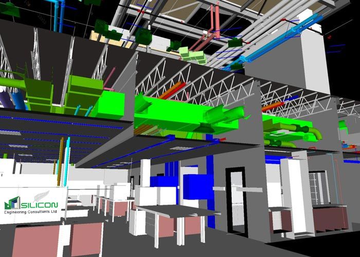 this is an image of a room with green and blue beams on the ceiling in 3d