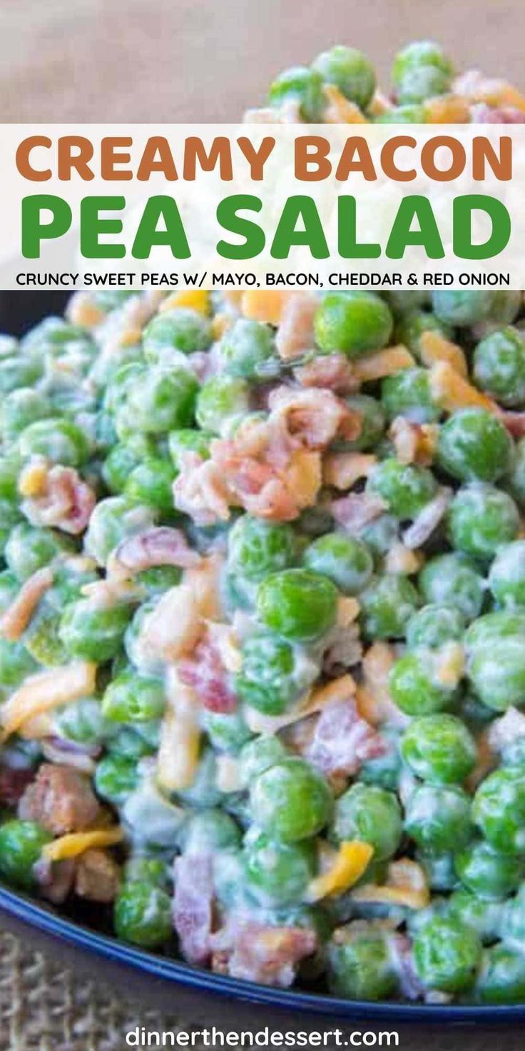 creamy bacon pea salad in a blue bowl