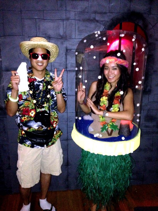 two people dressed in costumes standing next to each other and making the peace sign with their hands