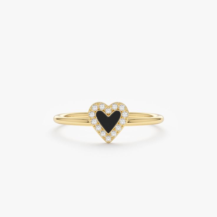 We've got heart eyes for this dainty solid gold and diamond ring. Add a little love to your ring stack with this adorable black enamel mini heart! Pick your favorite among Yellow, White, Rose Gold or Platinum. - Handmade - Solid Gold - Natural Diamonds  - G Color, SI Quality Diamonds - Total Diamond Carat Weight: 0.07 ctw - Dimension of Heart: 7 mm - Band Thickness: 1.2 mm 🛠 Your Sarah Elise piece is handcrafted with care! Ready-to-ship items go out within 3 business days. Made-to-order pieces typically take 7-10 business days to create. If you need something sooner, please contact us - we'll see if we can make it happen! For estimated shipping dates and tracking, check your Etsy account under 'Orders'. 🚐Orders under $100 are sent with USPS First Class Mail tracking; orders more than $10 Anniversary Rings With Black Enamel And Diamond, Black Enamel Diamond Ring For Anniversary, Anniversary Diamond Ring With Black Enamel, Elegant Gold Heart-shaped Enamel Ring, Anniversary Black Enamel Diamond Ring, Black Enamel Diamond Ring For Gift, Fine Jewelry Enamel Ring With Diamond Accents As Gift, Anniversary White Gold Rings With Black Enamel, Elegant Heart-shaped Enamel Ring For Anniversary