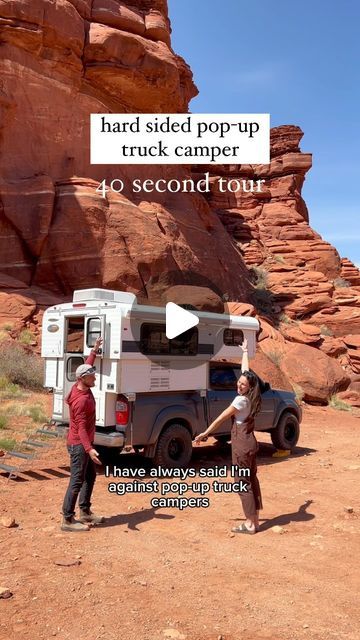 two people standing in front of a truck with the words hard sided pop up truck camper on it