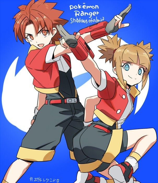 two anime characters with swords in their hands, one holding the other's arm