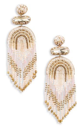 Fringed chevrons of bright, shimmery beads emphasize the dramatic drop of earrings crafted to swish and sway with every head turn. 4 1/2" drop; 1 1/2" width Post back Glass/textile/goldtone plate Imported Elegant Beaded Chandelier Earrings For Festive Occasions, Colorful Beads Dangle Chandelier Earrings, Beaded Dangle Chandelier Earrings, Colorful Beaded Dangle Chandelier Earrings, Dangle Chandelier Earrings With Colorful Beads, Gold Beads Teardrop Earrings For Party, Beaded Dangle Chandelier Earrings For Party, Elegant Festive Earrings With Beaded Chain, Elegant Teardrop Chandelier Earrings With Colorful Beads