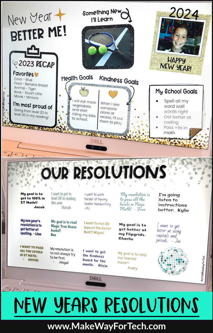 a bulletin board with pictures on it and the words new years resolutions written below