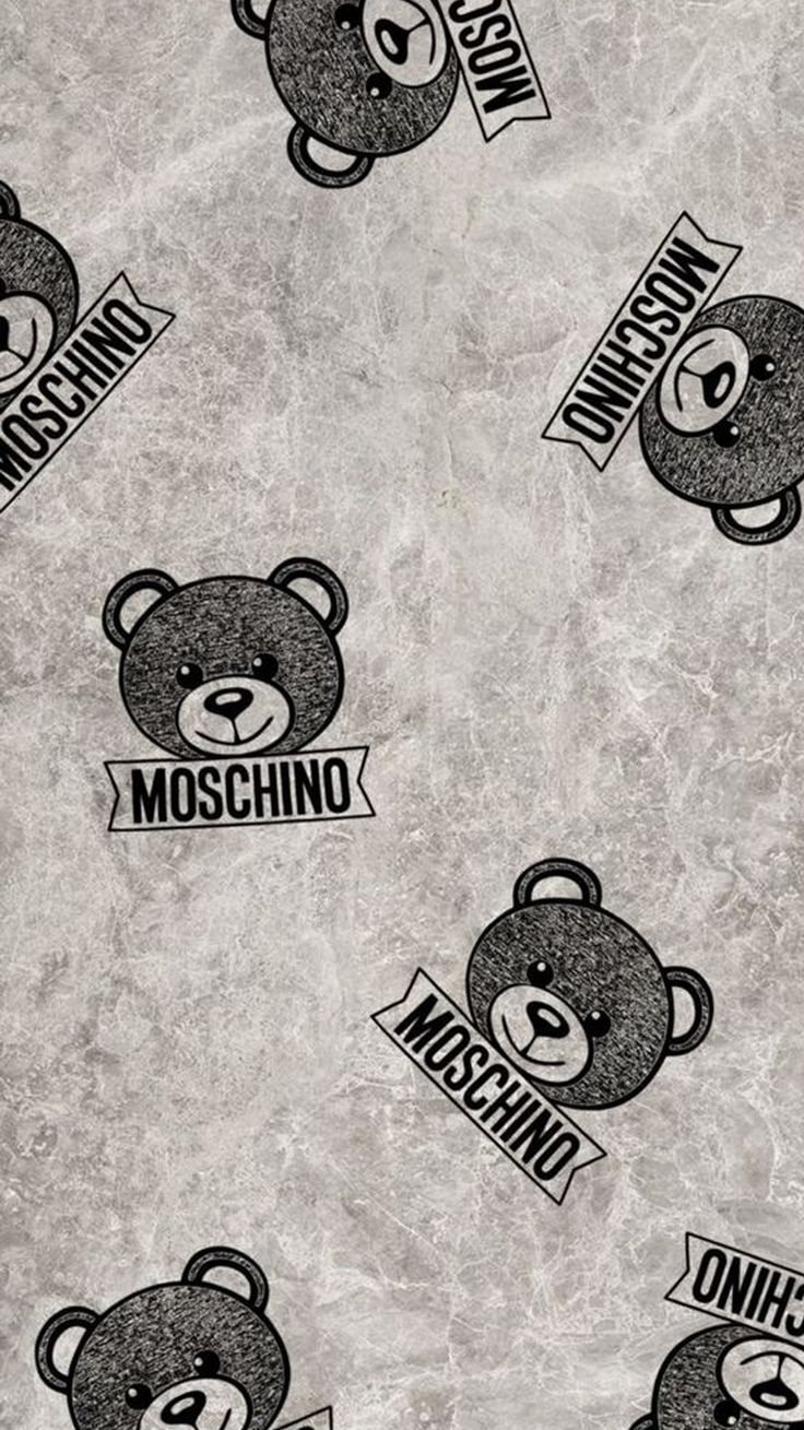 black and white teddy bear wallpaper with the word moschino on it's side