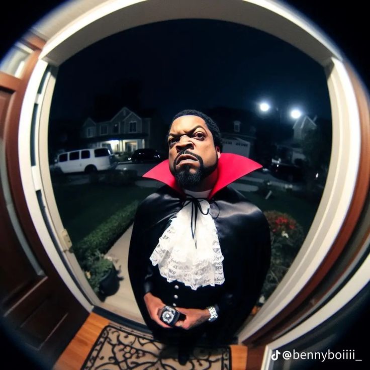 a man dressed as dracula standing in front of a round window with his hands on his hips