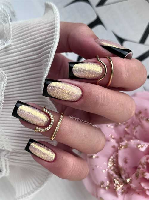 Festive fall black French manicure atop a shimmering gold glitter base, creating a striking and elegant nail design. Fall Black Nails, Black And Gold Nail Designs, Fall French Tip Nails, Long Black Nails, Black French Manicure, Black Gold Nails, Swirl Nail Art, Black Coffin Nails, Glitter Accent Nails